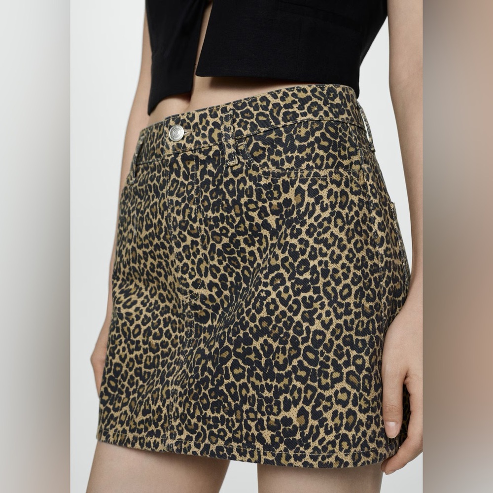 Mango Leopard Print Denim Skirt